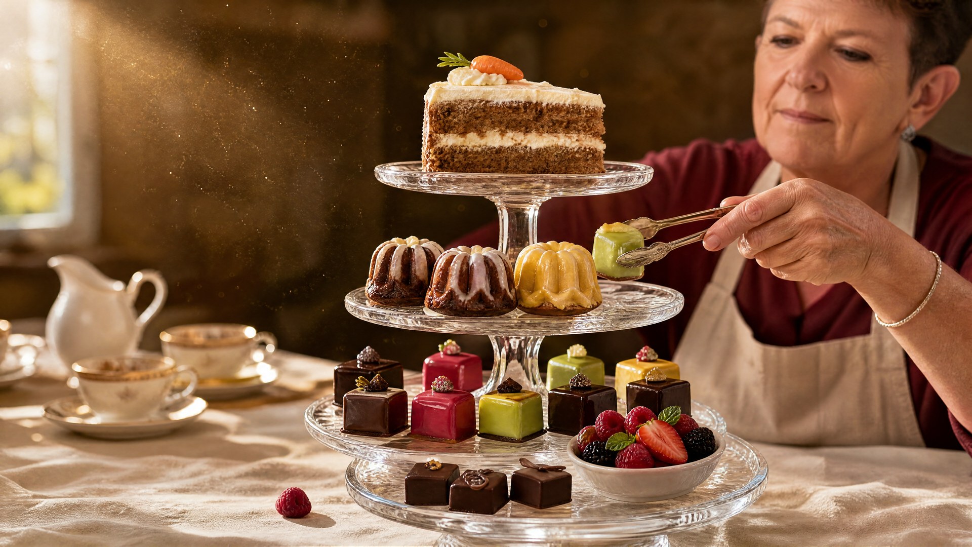 Andrea Schelbert dekoriert Dessert-Platten mit hausgemachter Patisserie und Saisonfrüchten
