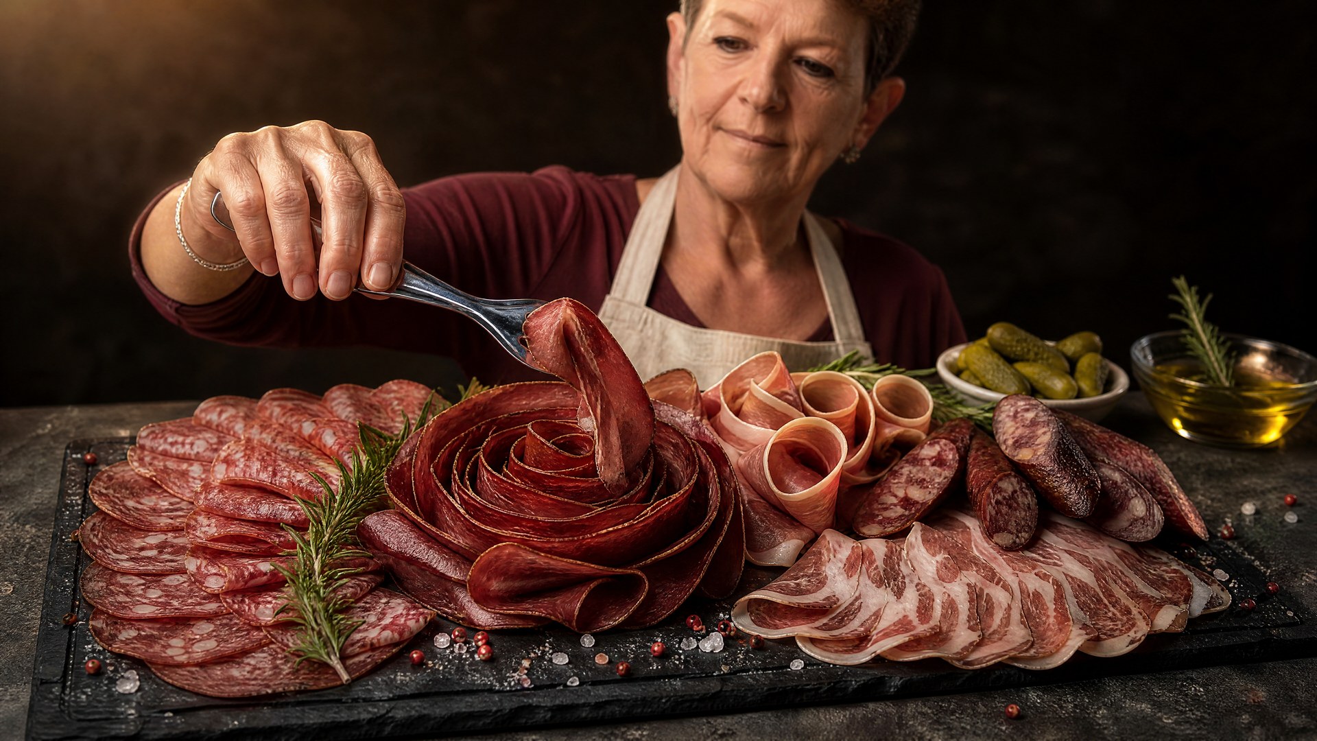 Andrea Schelbert arrangiert Fleisch-Platten mit Bündnerfleisch und Schweizer Aufschnitt