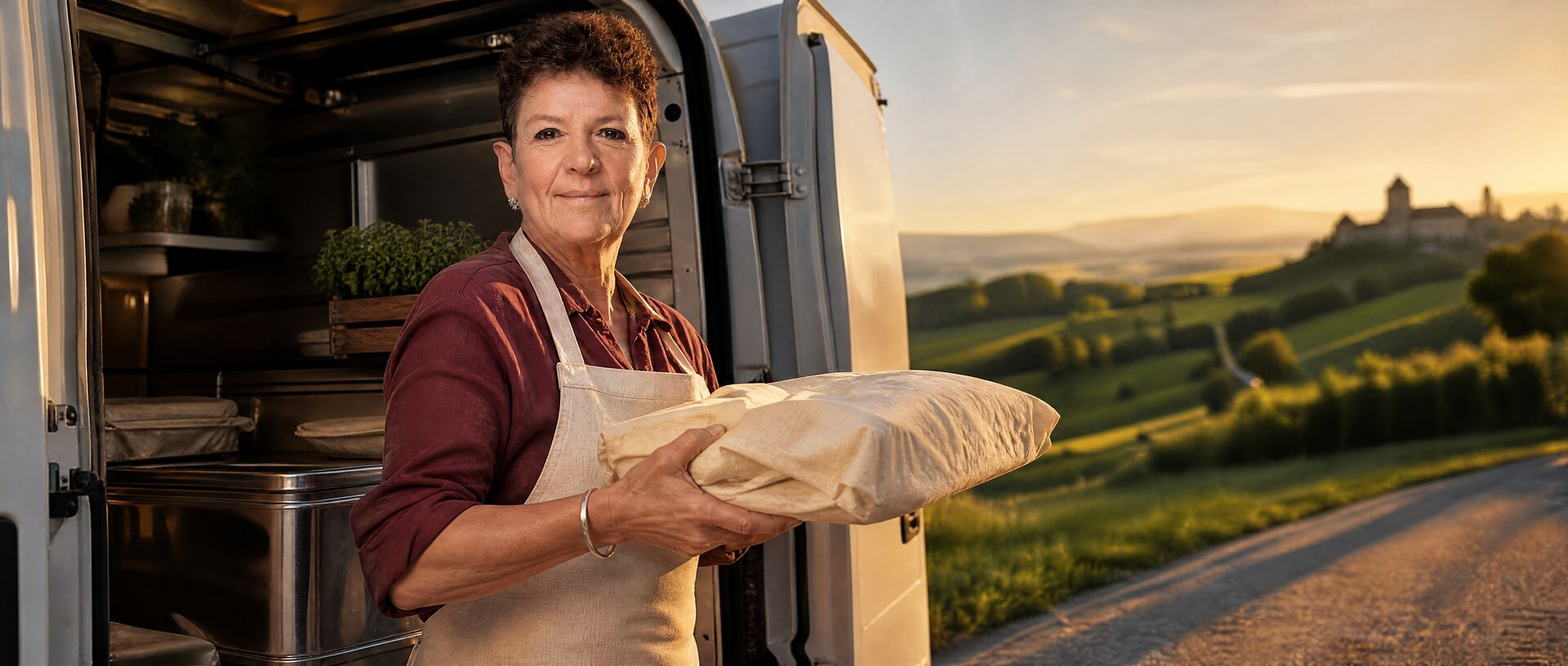 Andrea Schelbert beim Catering-Liefern im Aargauer Liefergebiet — Mittelland-Panorama
