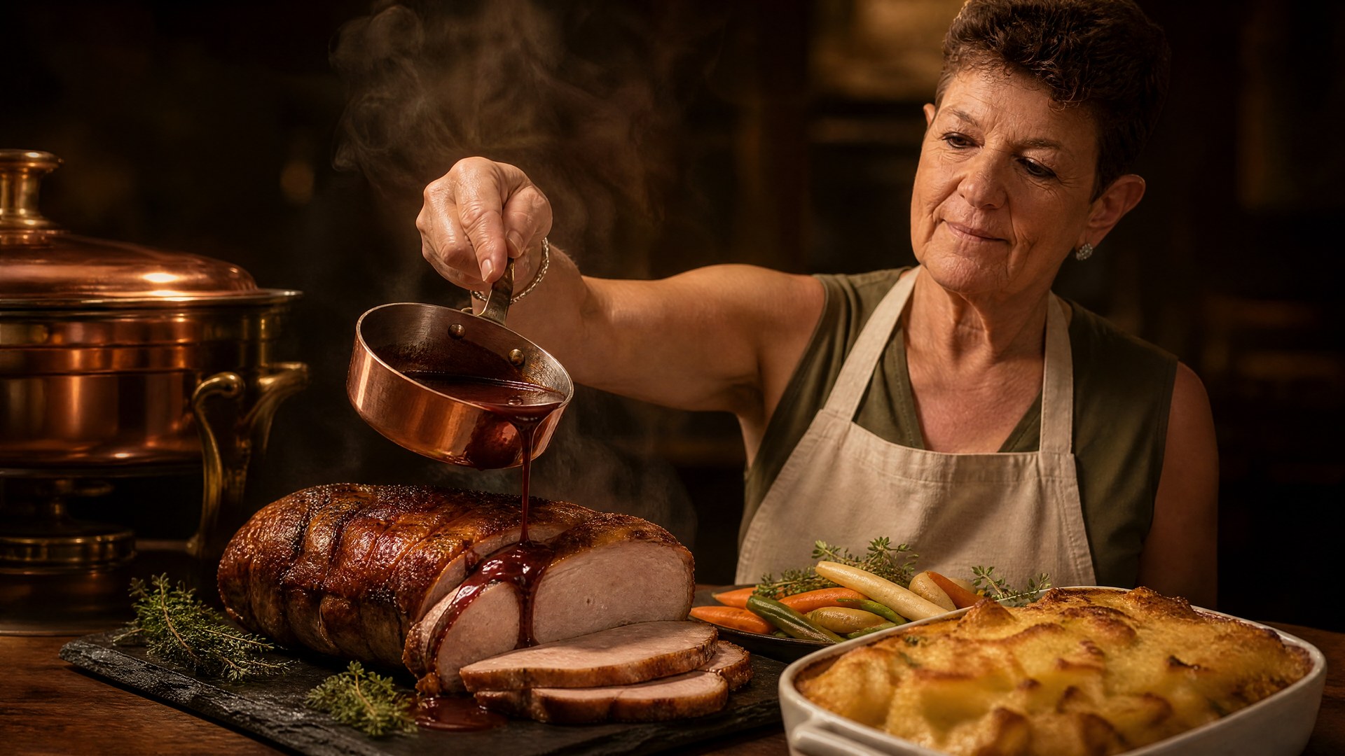 Andrea Schelbert richtet ein warmes Buffet mit Hauptgängen und Beilagen an